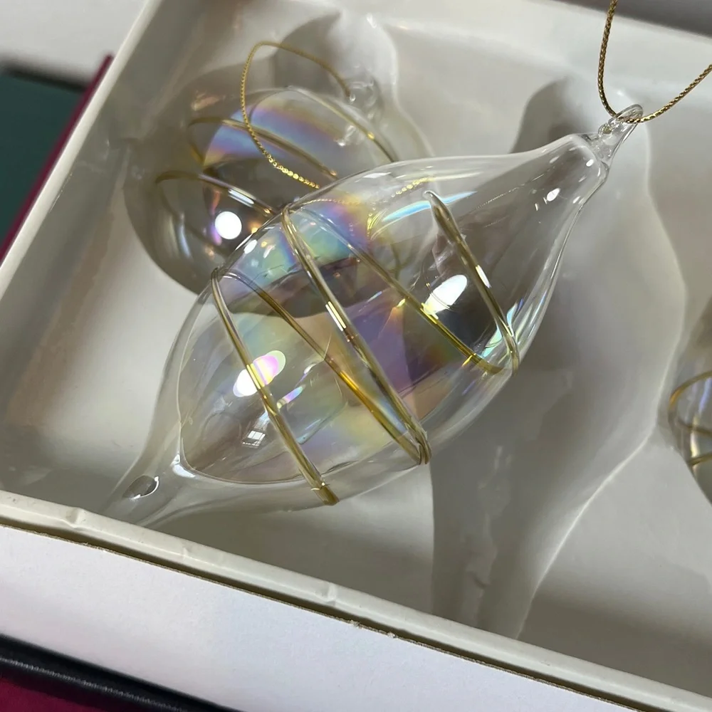 Vintage Hand Blown Iridescent Clear Glass Gold Spiral Finial Holiday Ornaments‎